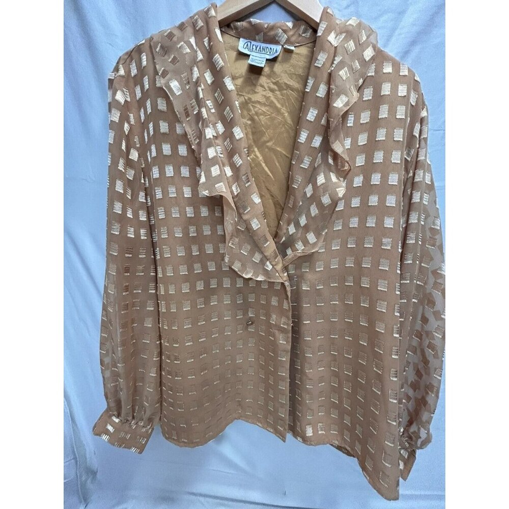 Alexandria Women's Sz 16 Gold Ruffle Checkered Long Sleeves Blouse Top Shirt